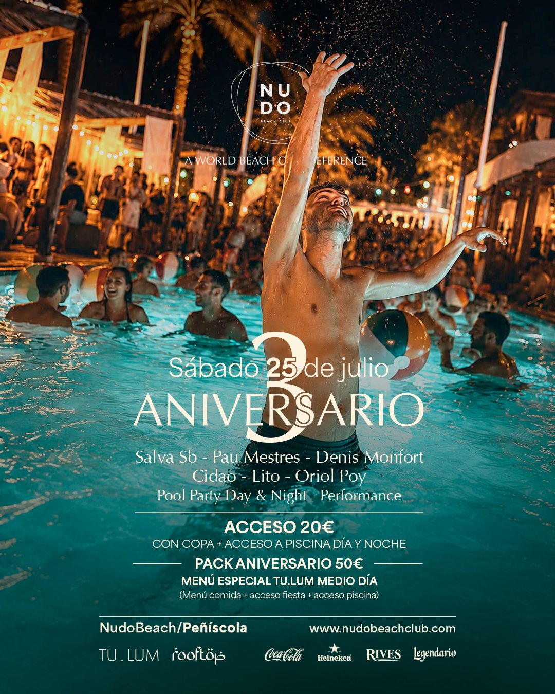 Cartel del 3er Aniversario de Nudo Beach Peñíscola — sábado 25 de julio de 2026
